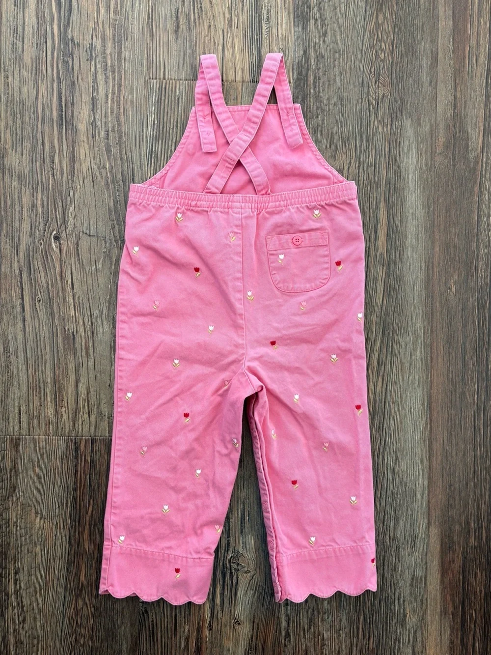 Y2K Gymboree Pink Floral Embroidered Bib Overalls 18-24 Mos Scalloped Hems 2003